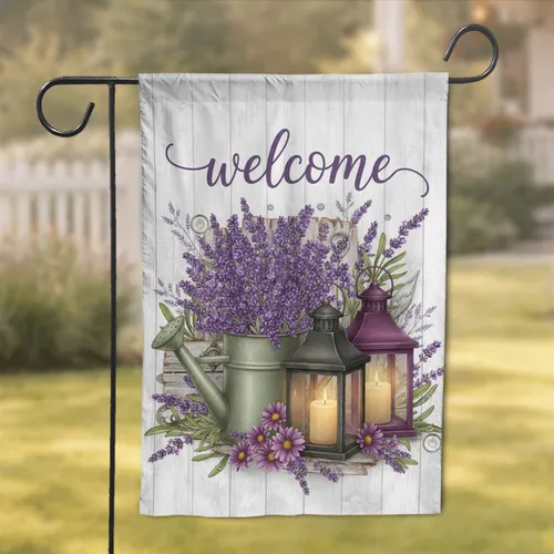 Rustic Watering Can Lavender Welcome - Farmhouse Home Decor Gift Garden Flag