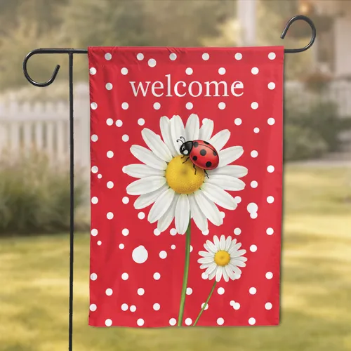 Ladybug Garden Flower Welcome White Daisy - Home Decor Gift for Welcoming Guests Garden Flag