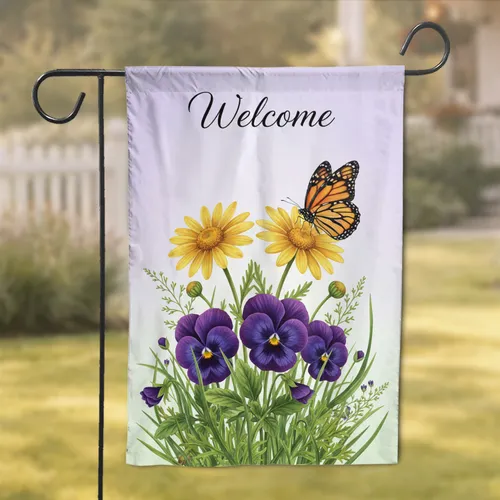 Welcome Yellow Daisy Purple Pansy Butterfly Meadow Garden Sky - Home Decor Gift Garden Flag
