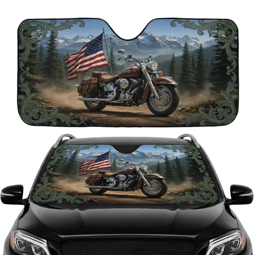 Classic Cruiser Motorcycle American Flag Pine Forest Mountains - Car Interior Upgrade Car Sunshade