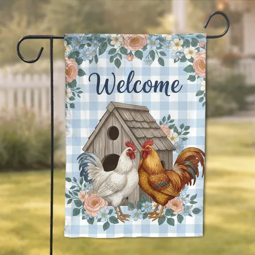 Welcome Sign Hen Rooster Farmhouse Gingham Flowers - Home Decor Gift Garden Flag