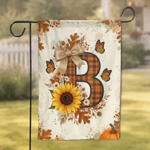 Rustic Plaid Custom Name Letter Sunflower Autumn Foliage Monarch Butterflies - Fall Thanksgiving Decor Gift Garden Flag