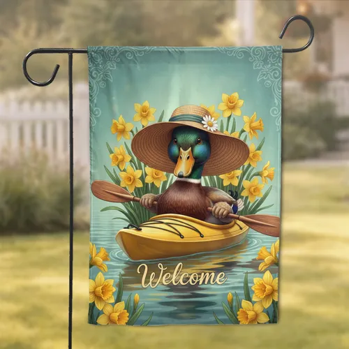 Mallard Duck Straw Hat Kayak Welcome Daffodils - Wildlife Lover Home Decor Gift Garden Flag