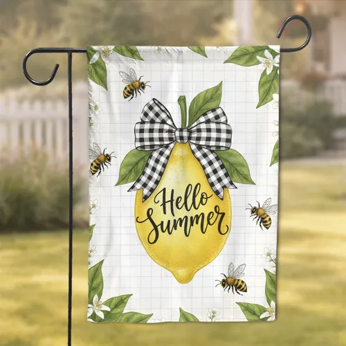 Lemon Hello Summer Honeybees Gingham Ribbon - Farmhouse Summer Home Decor Garden Flag