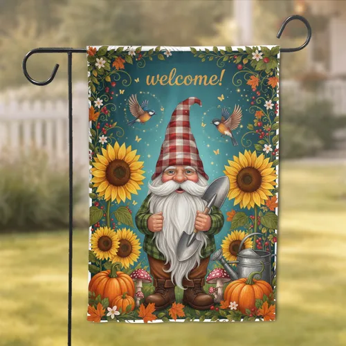 Welcome Garden Gnome Sunflowers Pumpkins - Autumn Home Decor Gift for Garden Lover Garden Flag