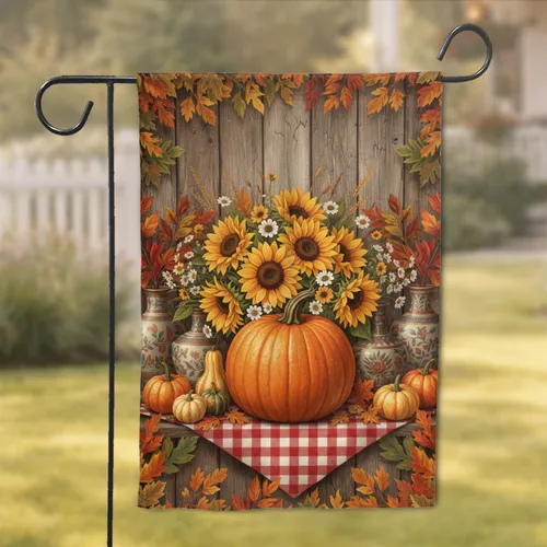 Orange Pumpkin Sunflowers Checkered Tablecloth - Rustic Farmhouse Home Decor Garden Flag