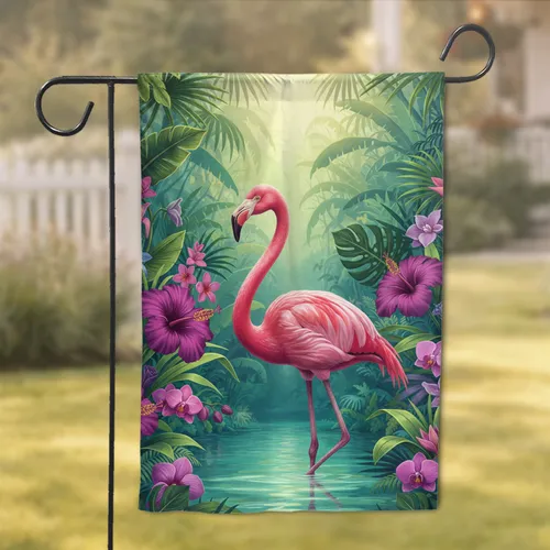 Pink Flamingo Tropical Water Purple Hibiscus Jungle - Wildlife Home Decor Gift Garden Flag