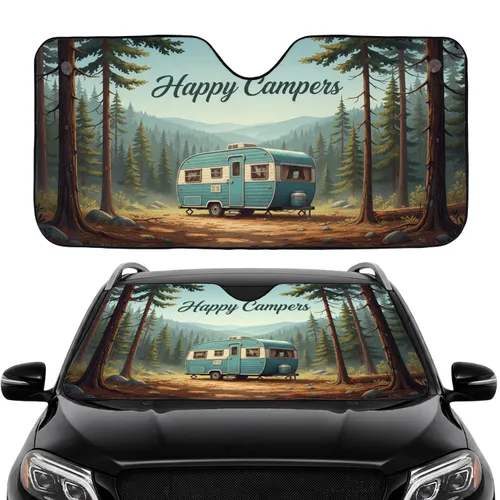 Happy Campers Retro Travel Trailer Woodland Camping - Road Trip Essentials Car Sunshade