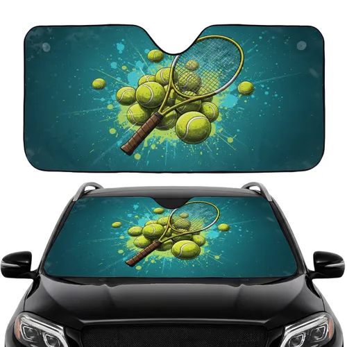 Energetic Tennis Balls Racket Splatter Scene - Road Trip Gift for Tennis Players Car Sunshade