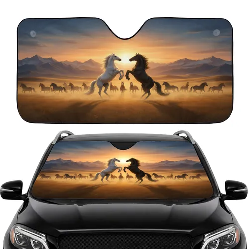 Majestic Rearing White Black Horses Golden Prairie - Car Interior Upgrade Car Sunshade