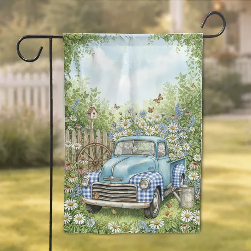 Rustic Garden Pickup Truck Wildflower Scene - Country Cottage Decor Garden Flag