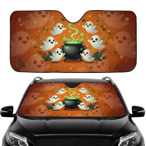 Green Potion Black Cauldron Smiling White Sheet Ghosts - Halloween Car Interior Upgrade Car Sunshade