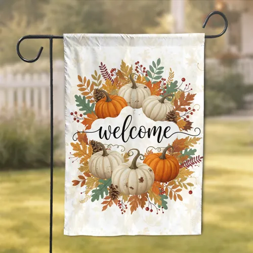 White Orange Pumpkin Welcome Autumn Foliage Lush Home Decor Gift Garden Flag