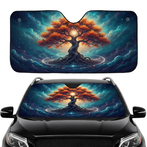 Majestic Tree of Life Autumnal Leaves Glowing Orb Cosmic Starry Landscape Car Interior Upgrade Car Sunshade