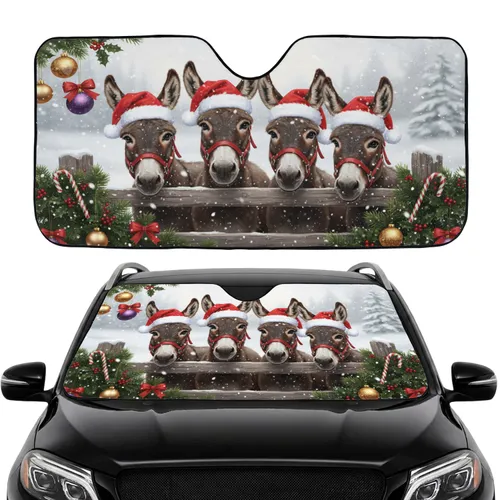 Four Donkeys Santa Hats Winter Christmas Scene - Road Trip Gift for Animal Lovers Car Sunshade