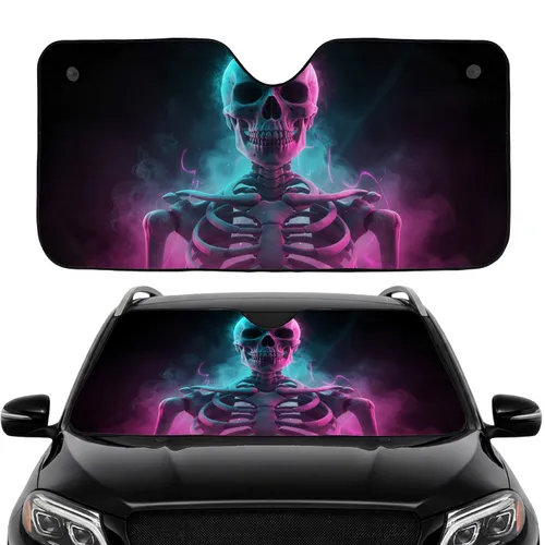 Skeleton Skull Neon Glow Smoke, Textured Void Background - Car Interior Upgrade Road Trip Gift Car Sunshade