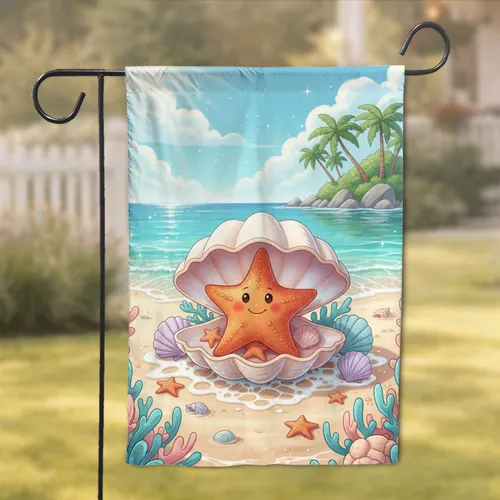 Smiling Orange Starfish Clam Shell Tropical Beach - Whimsical Ocean Home Decor for Kids Garden Flag