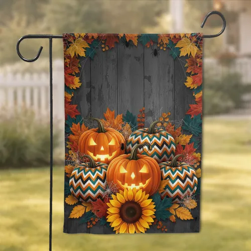 Glowing Pumpkin Chevron Jack-O'-Lantern Spiders Sunflower - Autumn Home Decor Garden Flag