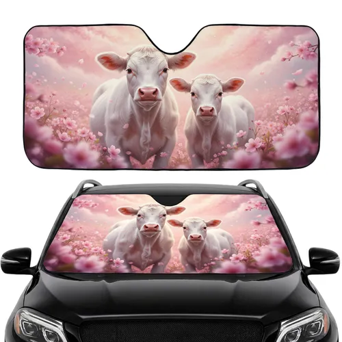 Young White Cow Calf Cherry Blossom Field - Car Interior Upgrade for Cow Lover Car Sunshade