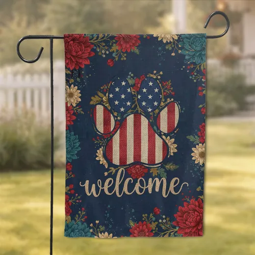Rustic Dog Paw American Flag Welcome Floral - Home Decor Gift for Dog Lovers Garden Flag