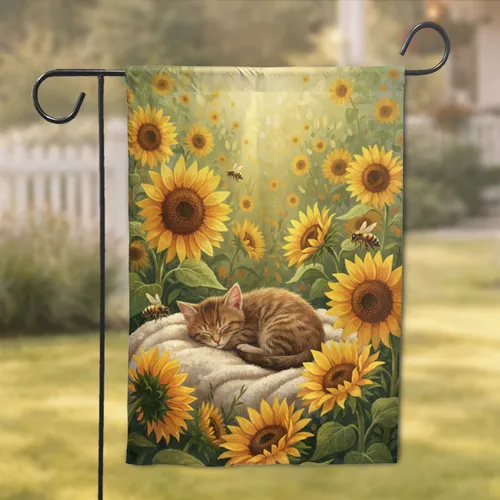 Sleeping Tabby Kitten Sunflowers Honeybees - Home Decor Gift for Cat Lover Garden Flag