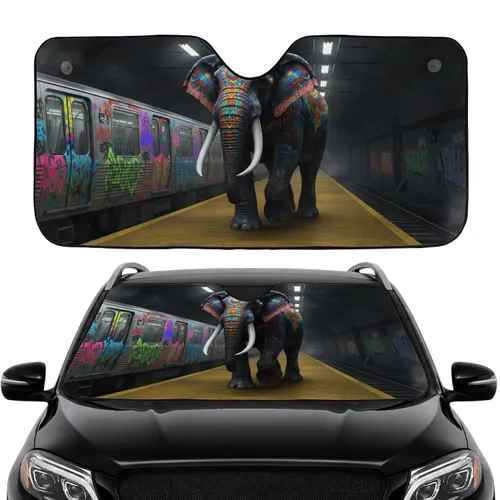 Black Indian Elephant Urban Graffiti Subway Train - Road Trip Essential Car Sunshade