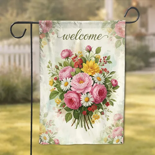 Welcome Floral Bouquet Garden Roses Peonies - Home Decor Gift Garden Flag