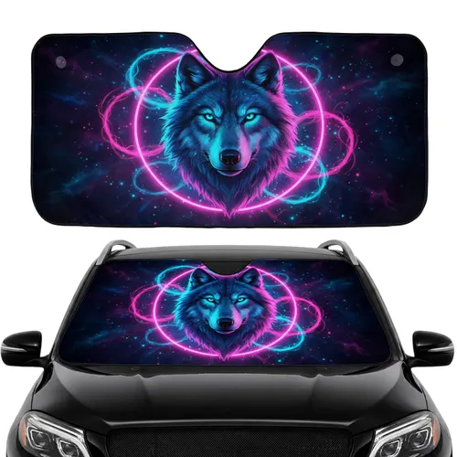 Glowing Wolf Head Neon Ring Cosmic Nebula - Car Interior Upgrade Car Sunshade