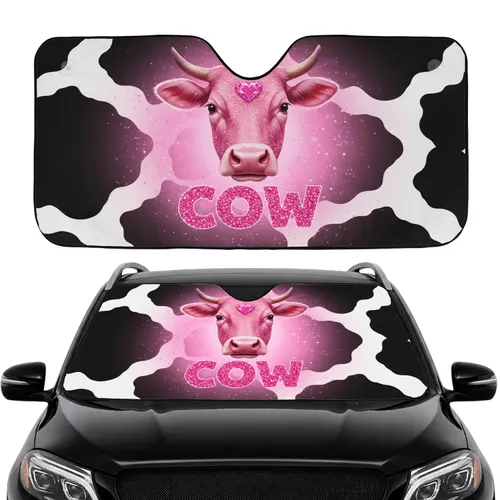 Pink Glitter Cow Head Heart Large COW Letters Cowhide - Car Interior Accessory for Cow Lovers Car Sunshade