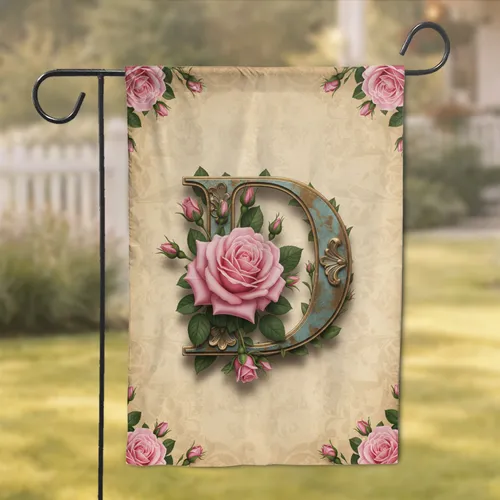 Ornate Initial Custom Bronze Gold Letter Pink Roses Lush Green Leaves - Home Decor Gift Garden Flag