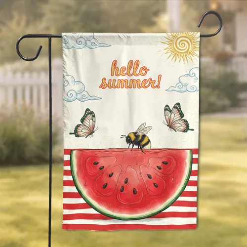 Sliced Watermelon Bumblebee Butterflies Hello Summer - Summer Home Decor Gift Garden Flag