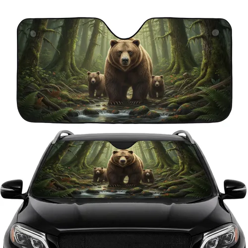 Majestic Grizzly Bear Cubs in a Deep Forest Green Pacific Northwest Rainforest Scene - Road Trip Gift Car Sunshade