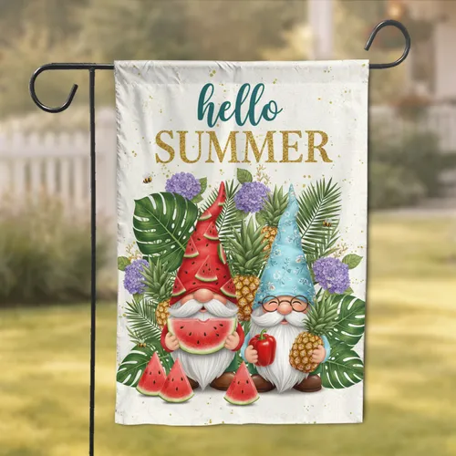 Cheerful Garden Gnomes Watermelon Pineapple Tropical Leaves - Summer Home Decor Gift Garden Flag