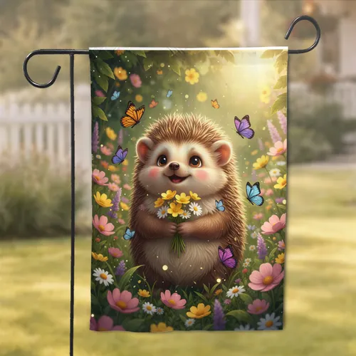 Smiling Hedgehog Yellow Flowers Butterflies Wild Meadow - Wildlife Lover Home Decor Gift Garden Flag