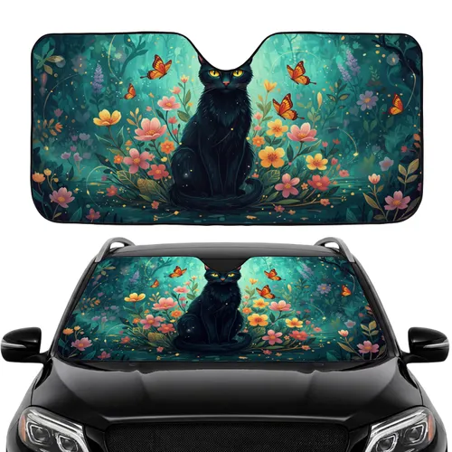 Black Cat Luminous Yellow Eyes Floral Butterflies Car Interior Upgrade Car Sunshade