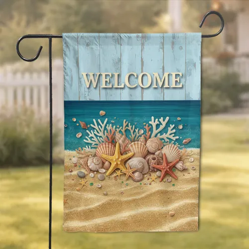 Seashell Starfish Coral Welcome Sign - Home Decor Gift for Coastal Lovers Garden Flag