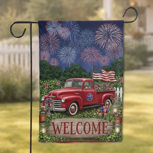 Patriotic Red Truck Welcome Sign Fireworks - Independence Day Home Decor Gift Garden Flag