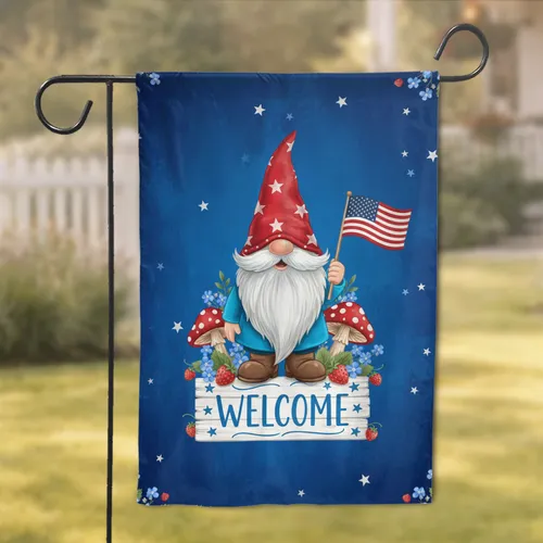 Jovial Garden Gnome American Flag Welcome - Patriotic Home Decor Gift Garden Flag