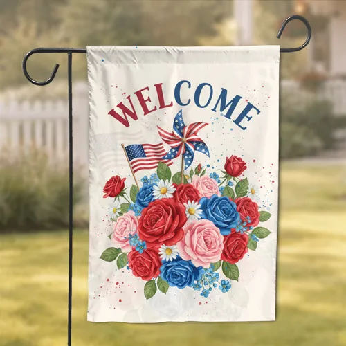 Welcome Roses Daisies American Flag Pinwheel - Patriotic Home Decor Gift Garden Flag