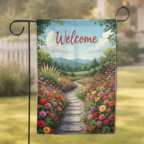 Welcome Stepping Stone Path Zinnia Dahlia Flowers - Home Decor Gift for Gardeners Garden Flag