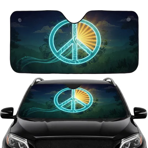 Peace Symbol Golden Sun Rays Teal Leaf Botanical Forest Cloud Nature - Car Interior Upgrade Car Sunshade