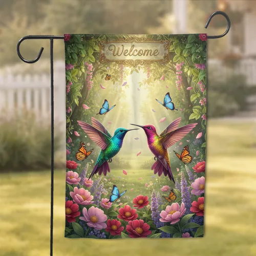 Welcome Hummingbirds Flowers Butterfly Garden - Home Welcome Decor Gift Garden Flag