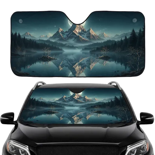Majestic Mountain Range Snow Peaks Full Moon Starry Sky - Road Trip Gift Car Sunshade