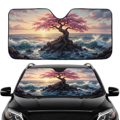 Cherry Blossom Tree Ocean Sunset Rocky Coast - Car Interior Upgrade Car Sunshade