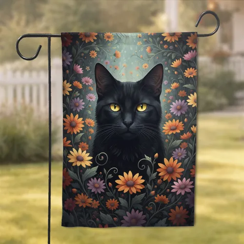 Black Cat Daisy Flowers Rich Botanical Garden Tapestry - Cat Lover Home Decor Gifts Garden Flag
