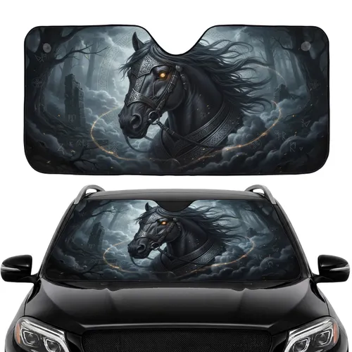 Majestic Armored Horse Head Glowing Amber Eye Celtic Runic - Car Interior Upgrade Car Sunshade