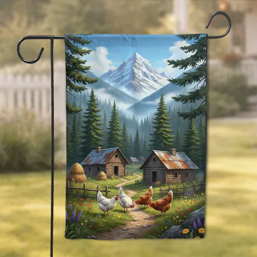 Rustic Mountain Farm Cabins Chickens Wildflowers - Farmhouse Decor Gift Garden Flag