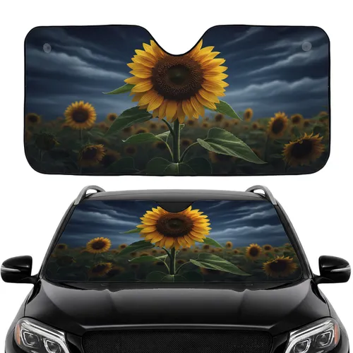 Magnificent Sunflower Full Bloom Dark Blue Sky Wispy Clouds Green Leaves Car Interior Upgrade Car Sunshade