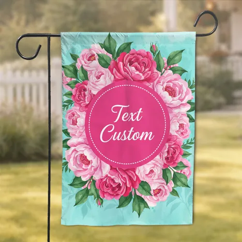 Custom Text Fuchsia Scalloped Circle White Script Rose Peony Garden Floral Home Decor Gift Garden Flag