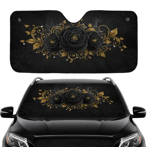 Opulent Dark Black Roses Golden Leaves Sparkling Crystal Accents - Car Interior Upgrade Car Sunshade